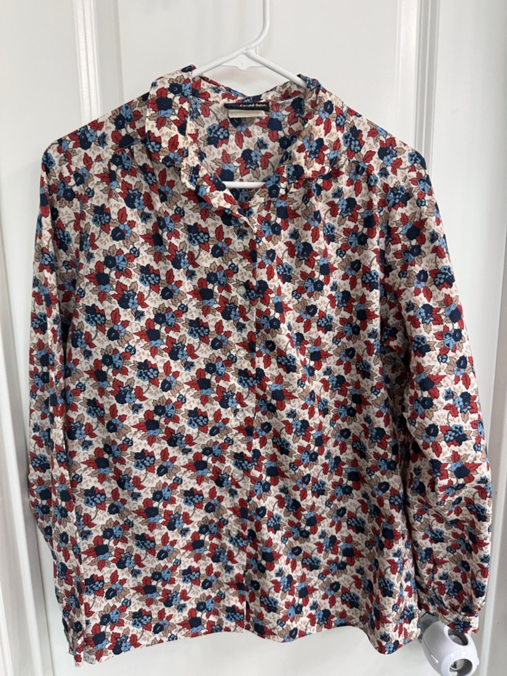 Button-Up Floral Blouse in Cream, Red & Blue